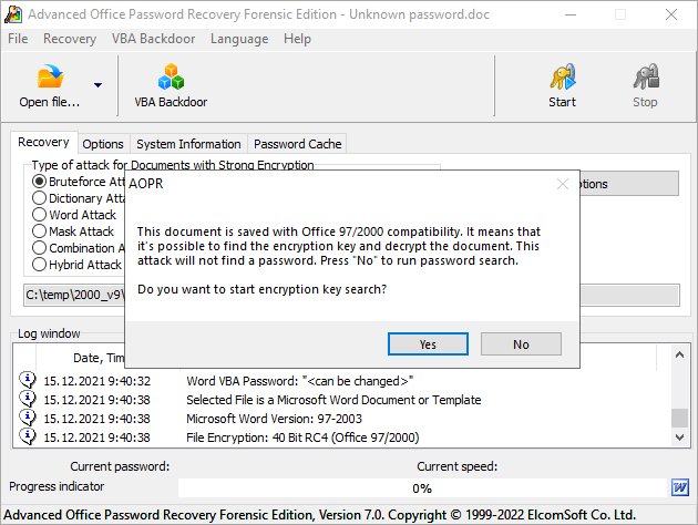 Advanced Office Password Recovery. MS Office 97/2000 documents