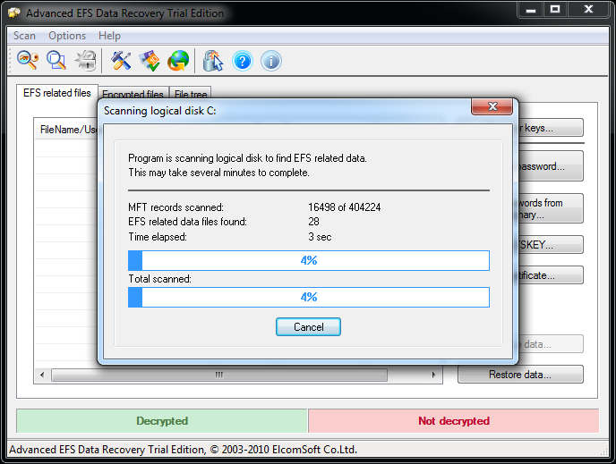 Advanced EFS Data Recovery scanning disk C:
