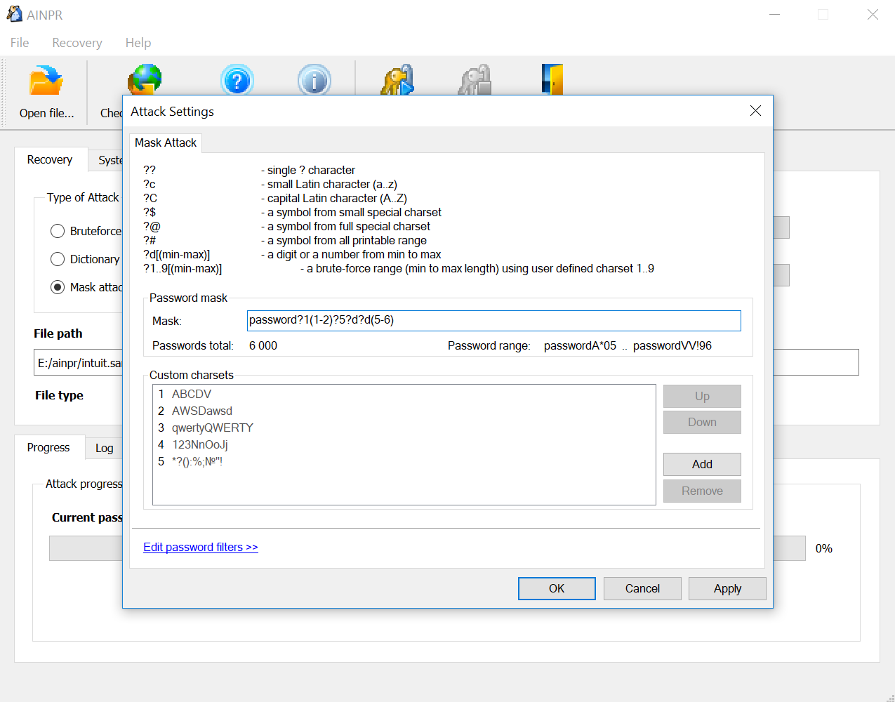 Advanced Intuit Password Recovery. Attack settings