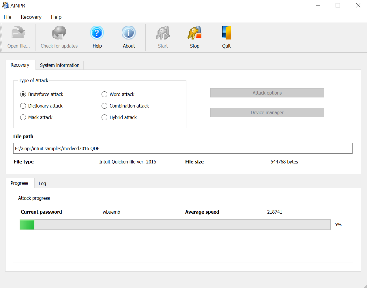 Advanced Intuit Password Recovery. Brute-force attack in progress