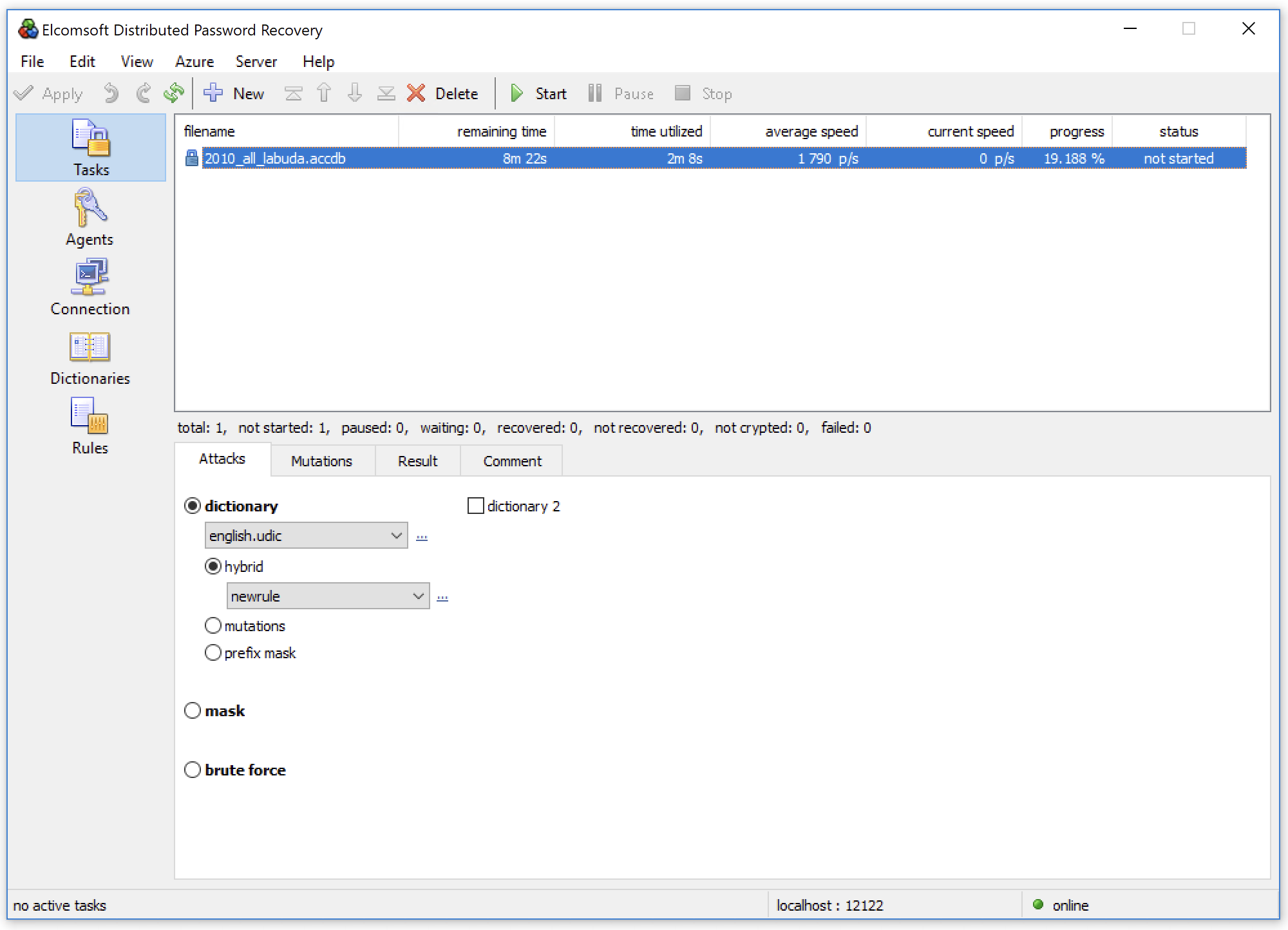 Elcomsoft Distributed Password Recovery. Configuring dictionary attack.